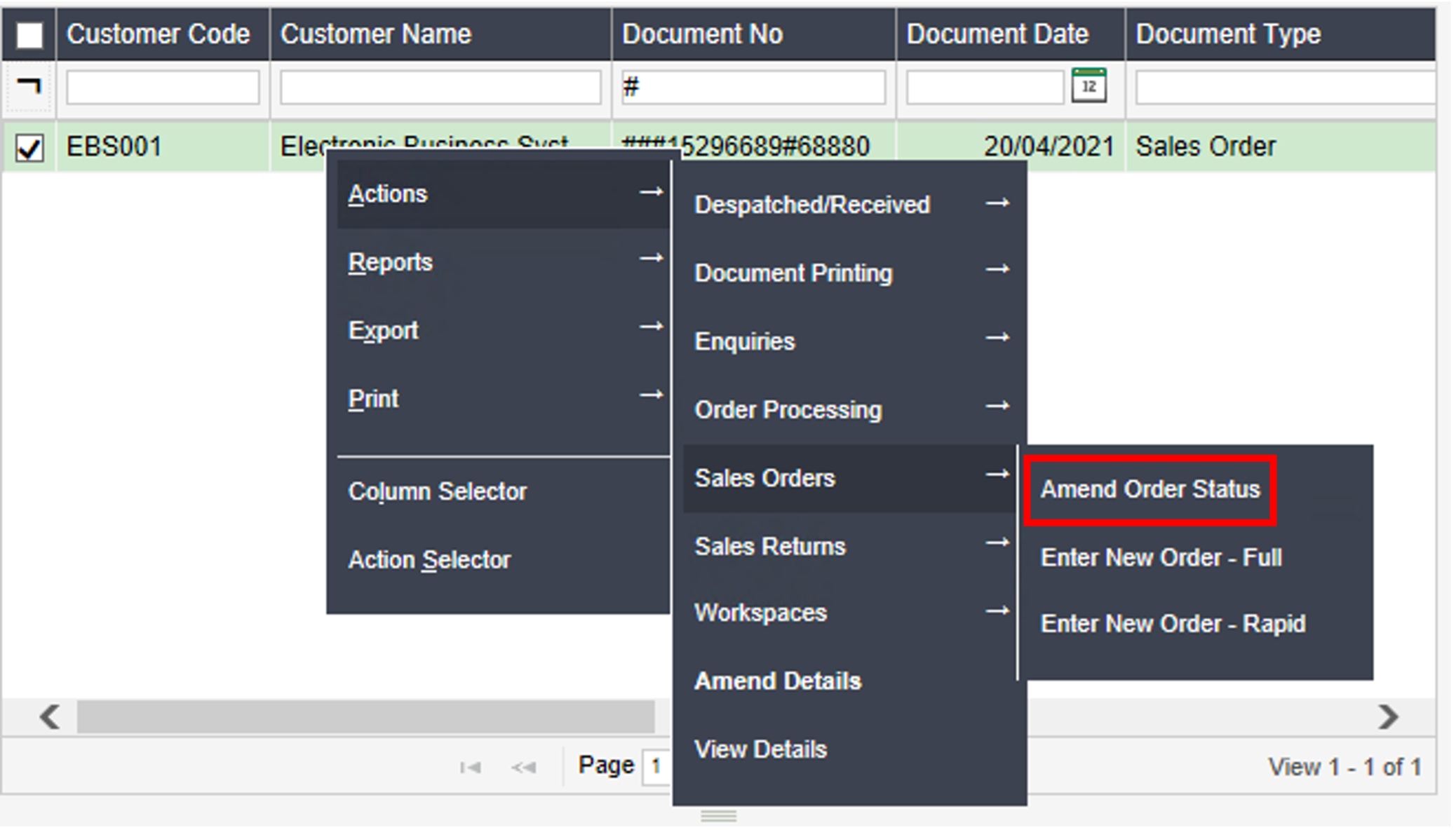 Amend order status screen