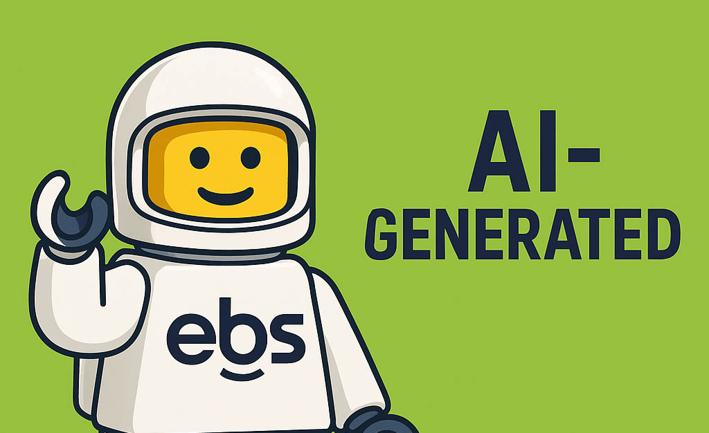 EBS lego man character standing next to text reading "AI-generated" on a green background